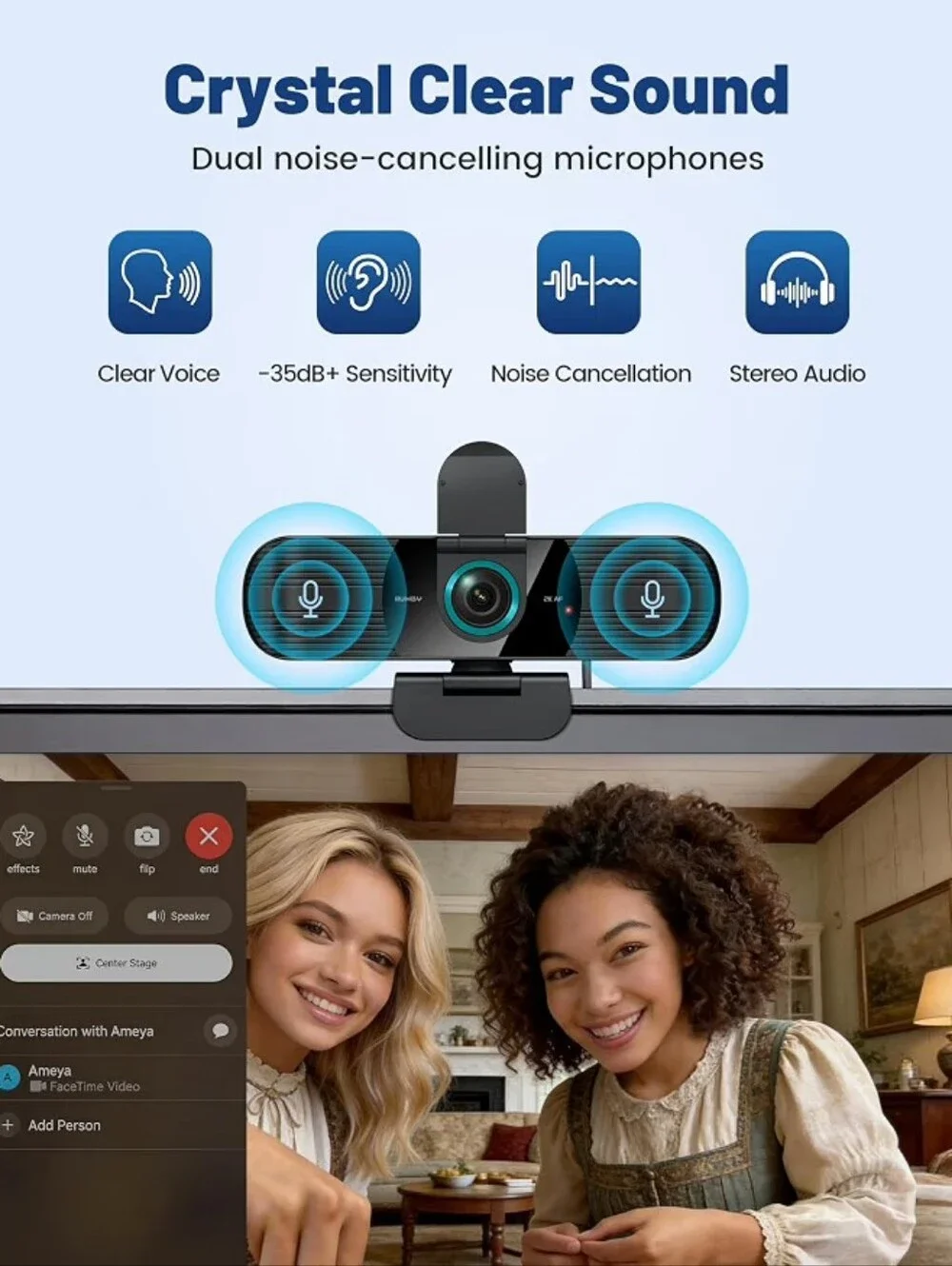 UHD 4K Webcam with Built-in Dual Mics, Wide-Angle Lens, Privacy Cover, Tripod